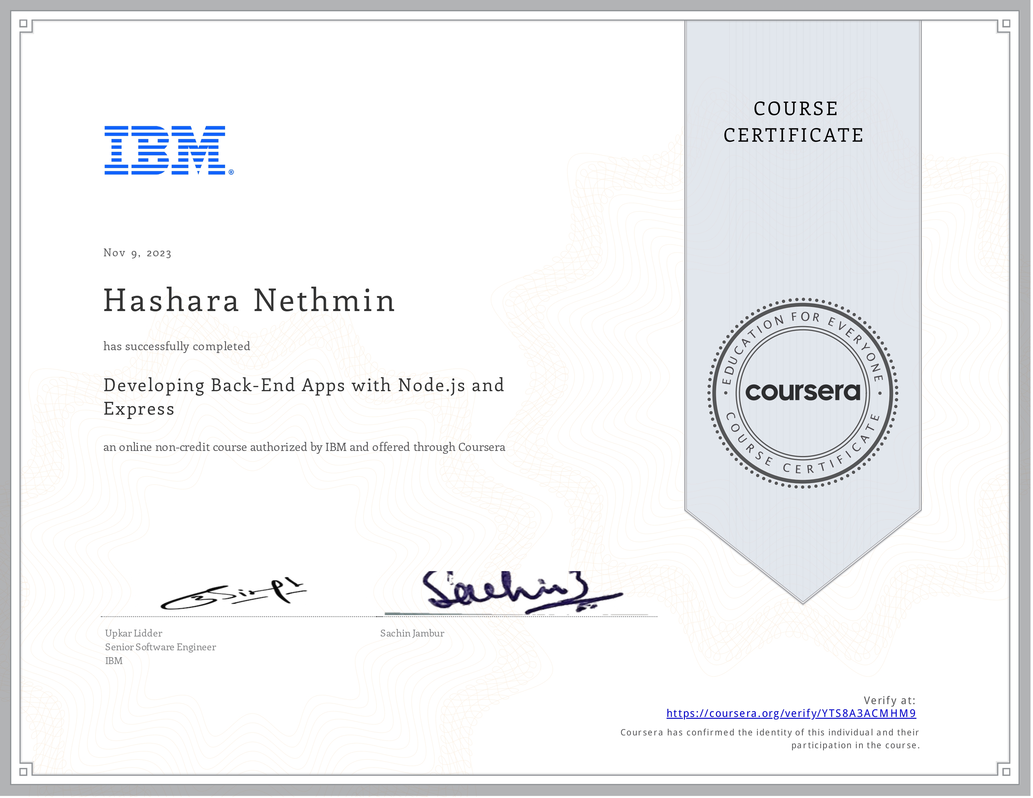 Developing Back-End Apps with Node.js and Express Certificate